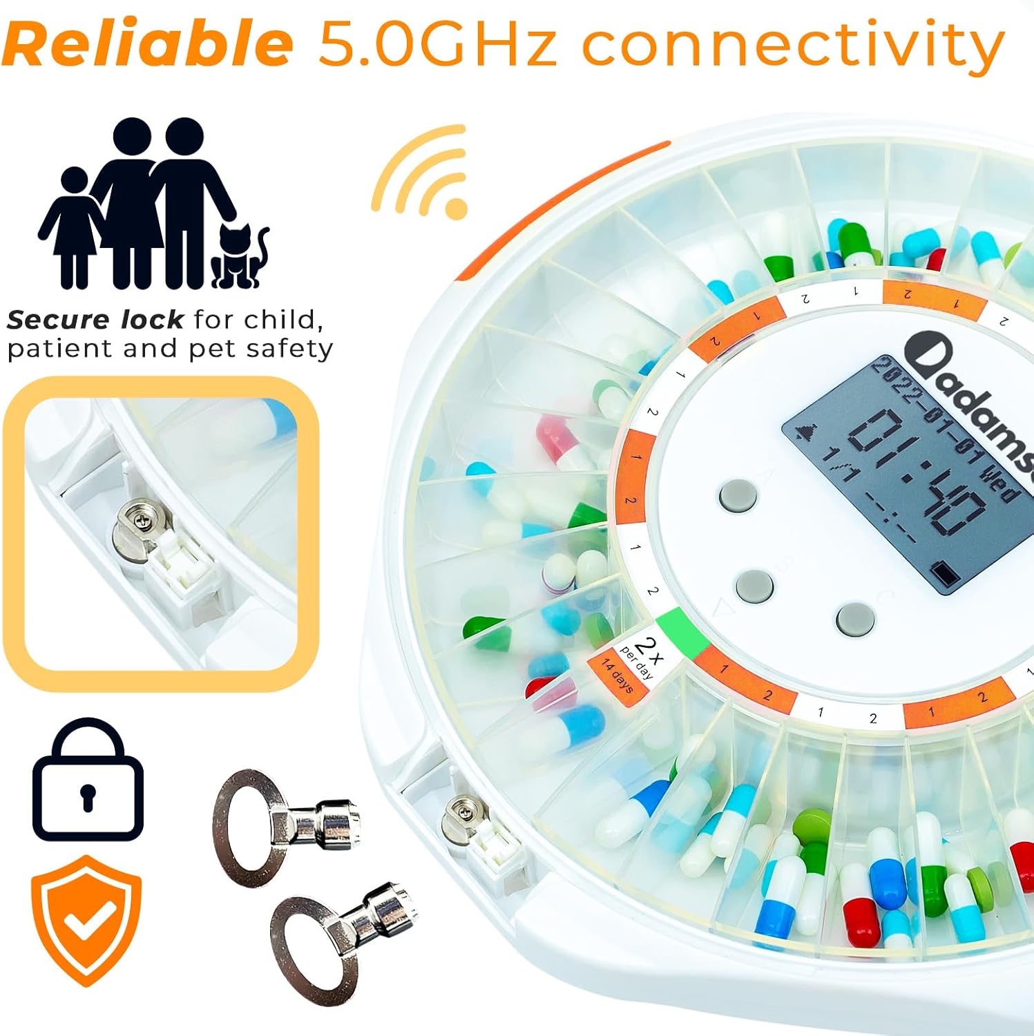 Close-up of the secure lock mechanism and included keys on the pill dispenser.