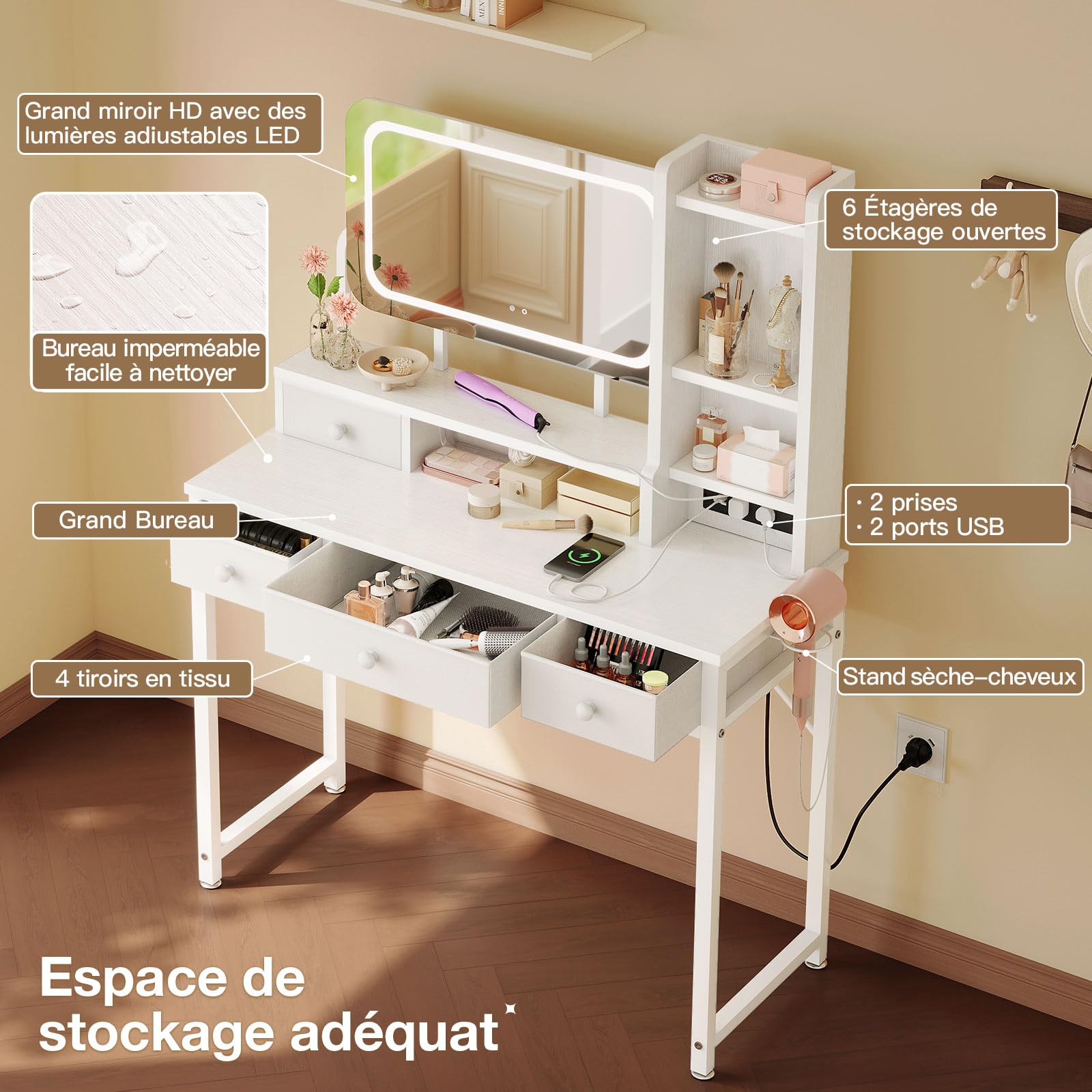 HOMCOM kaptafel met kruk, kaptafelset, make-uptafel met spiegel en laden, kaptafel met kantelbeveiliging, kaptafel voor slaapkamer, wit, 60 x 40 x 114 cm