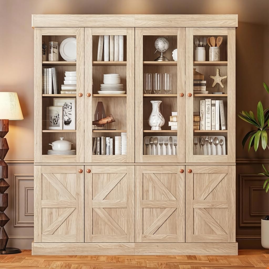 Vyre 71" Tall Farmhouse Kitchen Pantry, Set of 2 Large Storage Cabinets with Glass Doors &amp; Adjustable Shelves, Versatile Wood Hutch for Living Room &amp; Dining Room, Brown