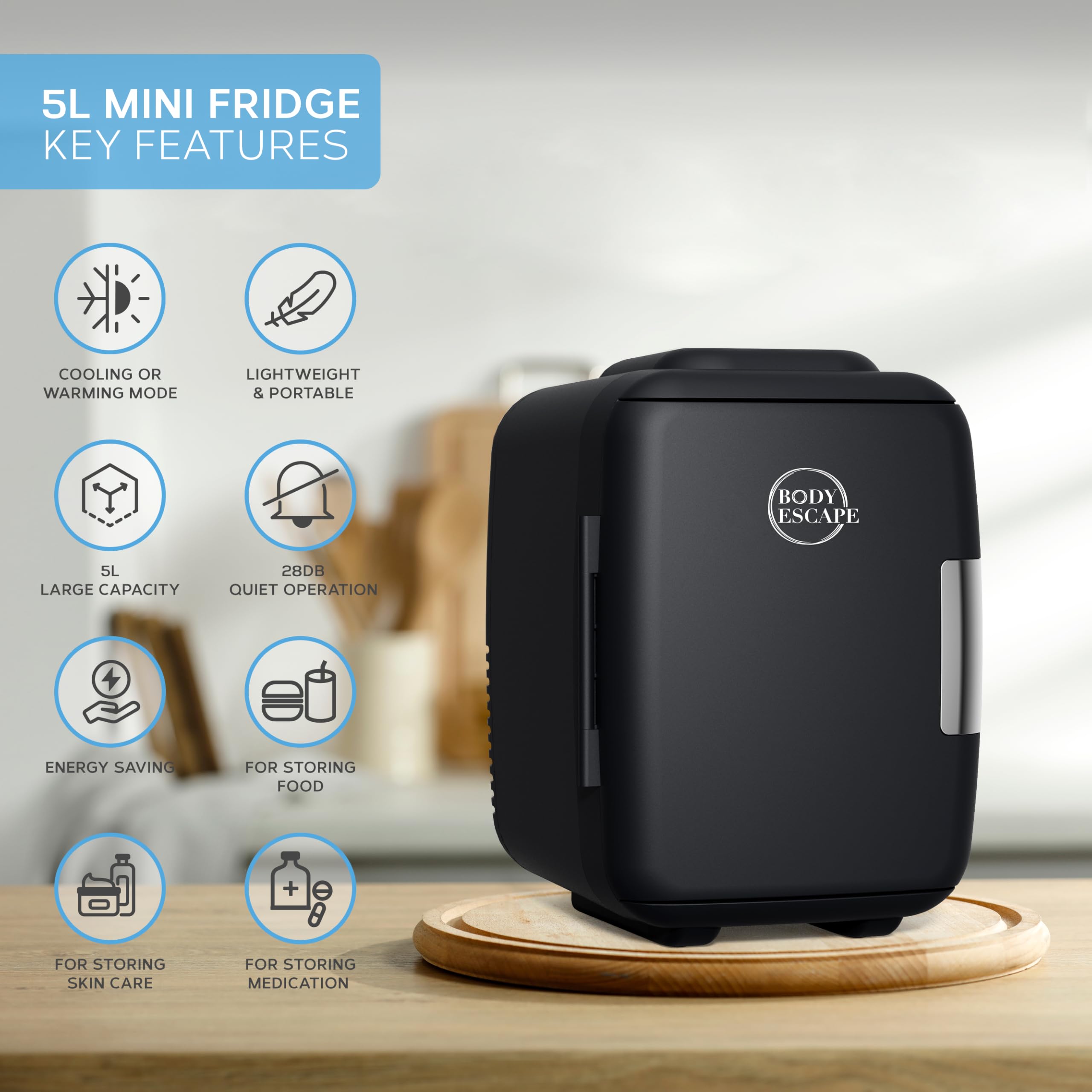 Body Escape Mini Beauty Fridge for Skincare - Birthday Gifts for Her - Retro, Portable, Compact and Quiet Small Fridge for Makeup - 5L - Black Mono