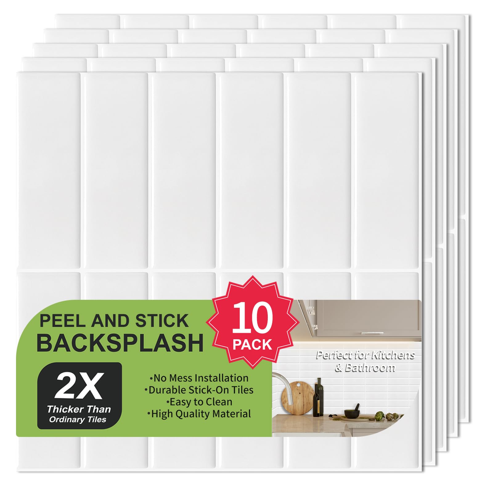 3D Stick on Tiles, Extra Thick Self Adhesive Wall Tiles, Vinyl Peel and Stick Wall Tile, Rectangle Subway Tile Sticker for Kitchen, Bathroom, Laundry, 10 Sheets of 30.5x30.5cm