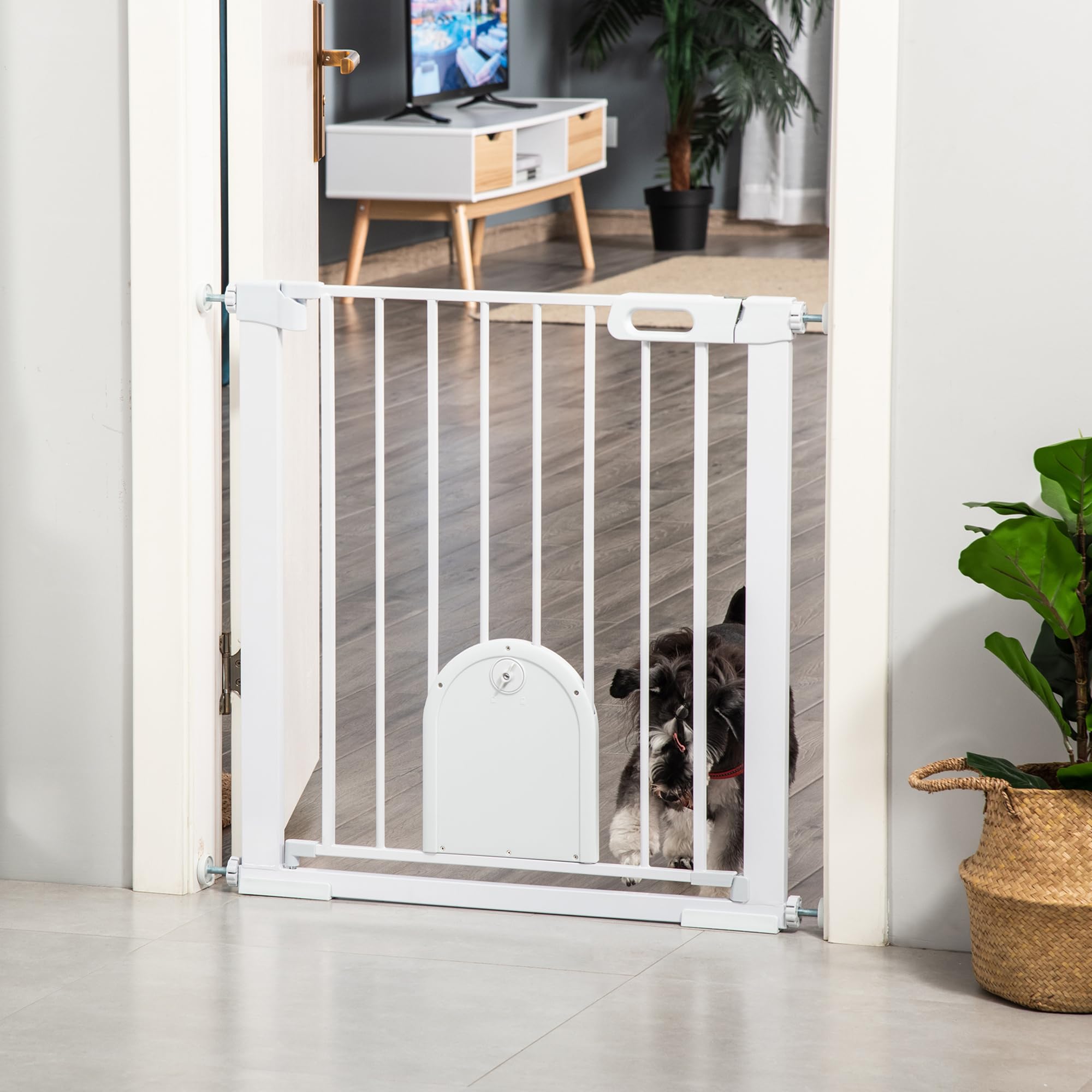 PawHut Barrera de Seguridad para Perros Mascotas 75-103 cm para Escaleras y Puertas con 2 Extensiones Cierre Automático y Sistema de Doble Bloqueo Blanco