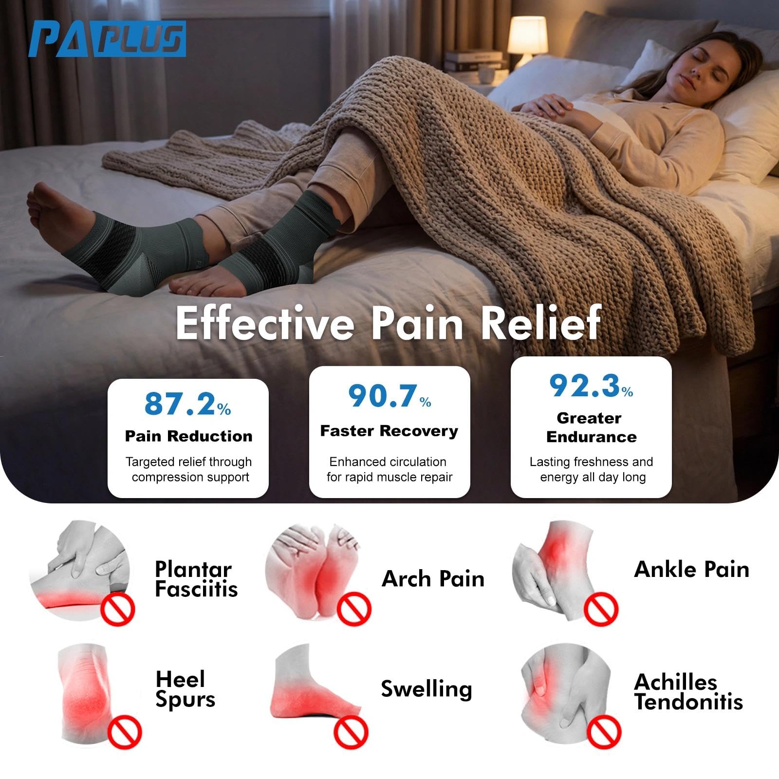 PAPLUS Calcetines para fascitis plantar (6 pares) para hombres y mujeres, mangas de compresión para pies con soporte de arco y tobillo (negro, gris, blanco, L)