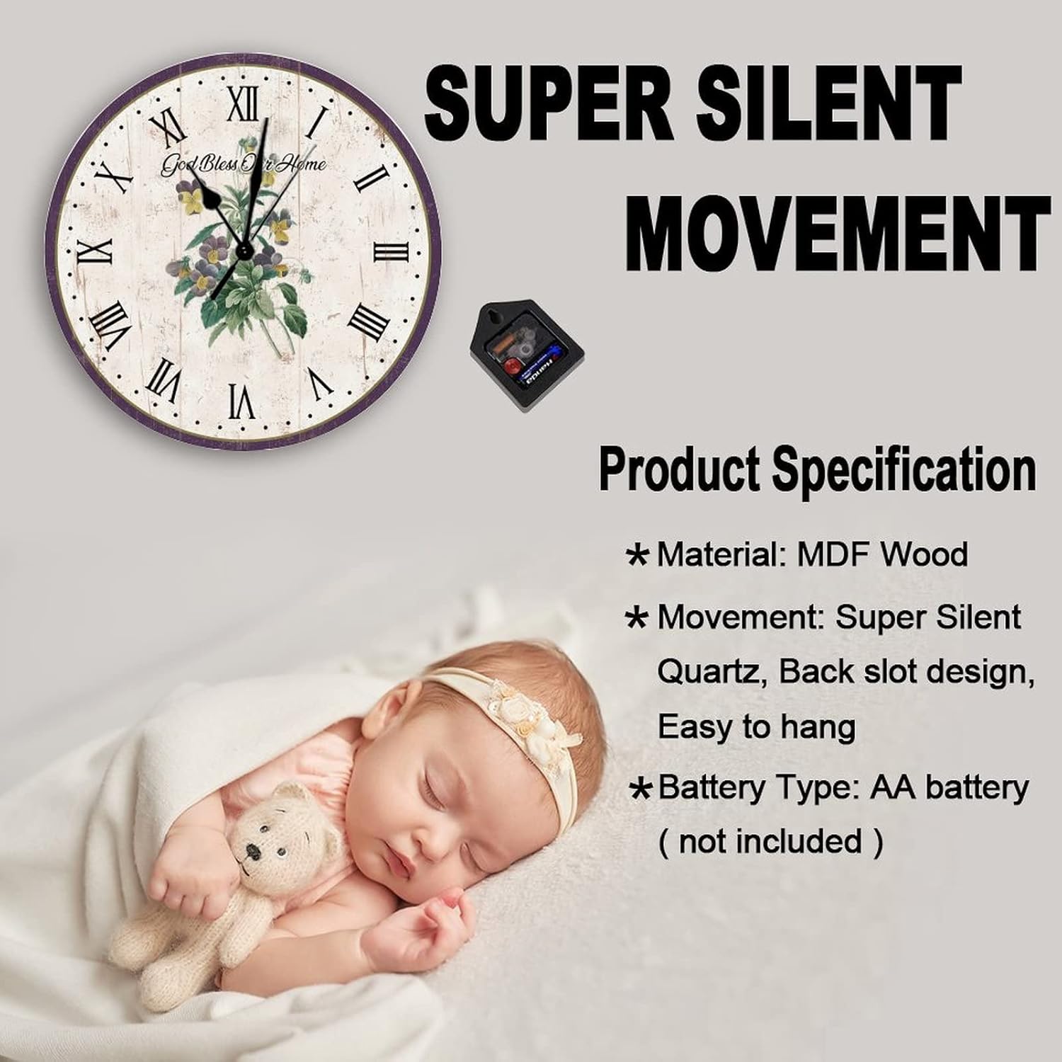 Europe Country Style Purple Pansy Flower Wooden Wall Clock Wildlife Flower 12 Inch Wooden Wall Clocks Battery Operated Silent Rustic Wall Decor Home Decor for Living Room Kitchen Bedroom Office