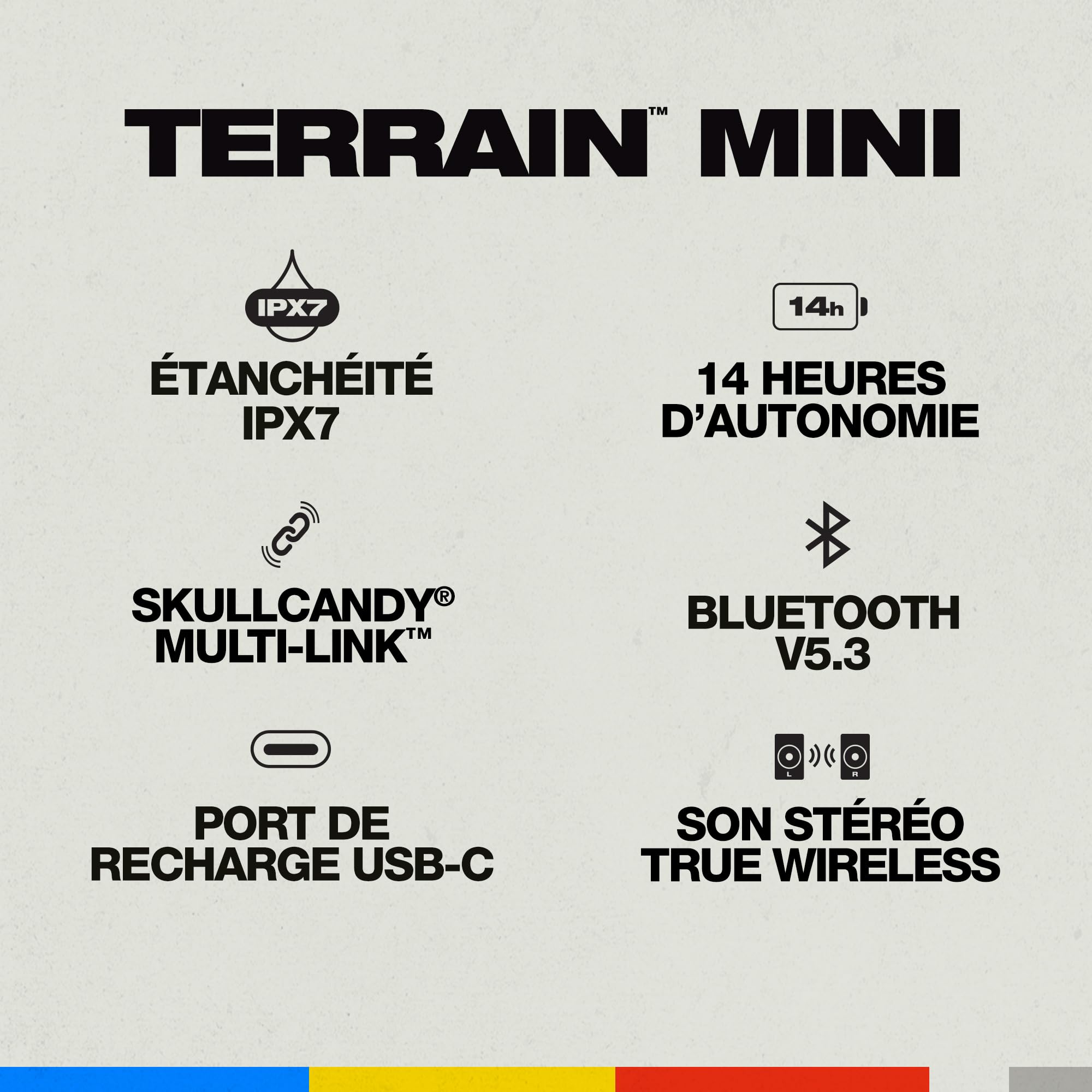 Skullcandy Terrain Mini Wireless Enceinte Bluetooth Portable, Étanchéité IPX7, 14 Heures d’Autonomie, Stéréo True Wireless, Sangle Intégrée pour se Déplacer et Utiliser Dehors - Noir