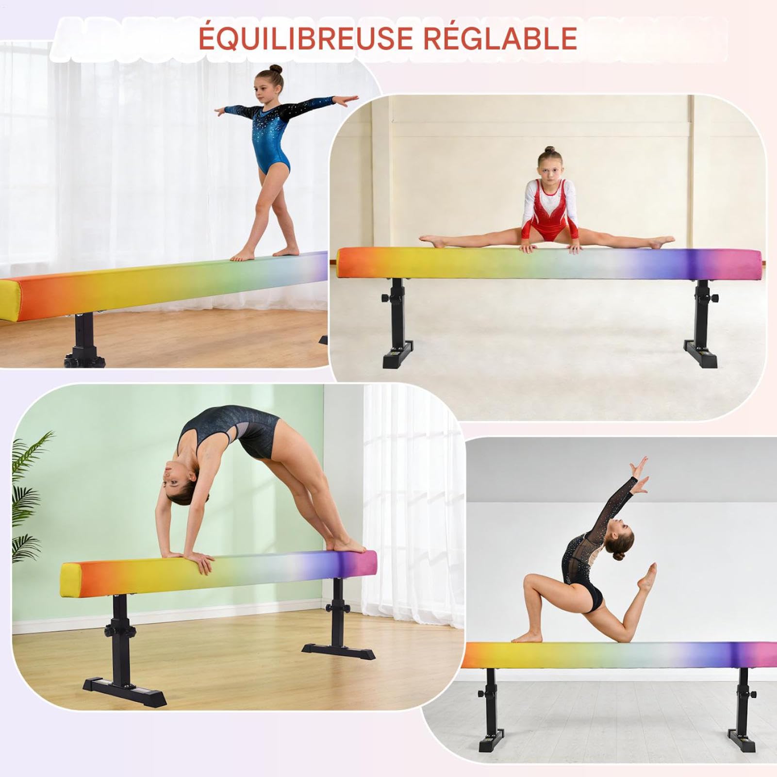 Poutre Gymnastique 5 Hauteurs Réglables Poutress D'Équilibre Enfant Poutre Gym Capacité de charge 50 kg 180 cm de long Équipement d'entraînement de gymnastique à poutres stables de niveau haut et bas