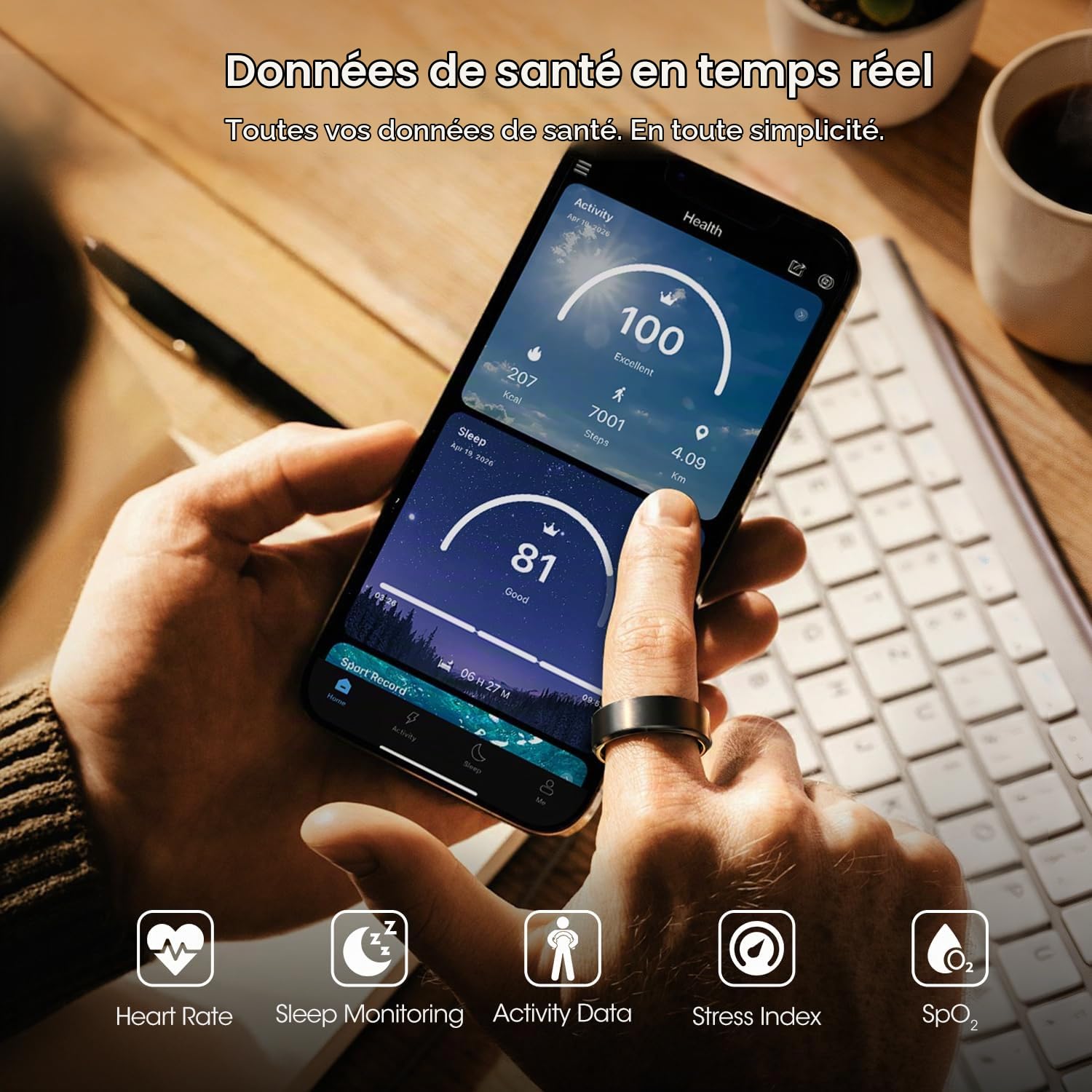 Bague Connectée, Boîtier de Recharge Inclus, Smart Ring avec 24/7 Fréquence Cardiaque HRV SpO2 Sommeil Stress, 176 Sport,Étanche IP68, APP sans Abonnement iOS Android, Noir, 62.8mm(10)