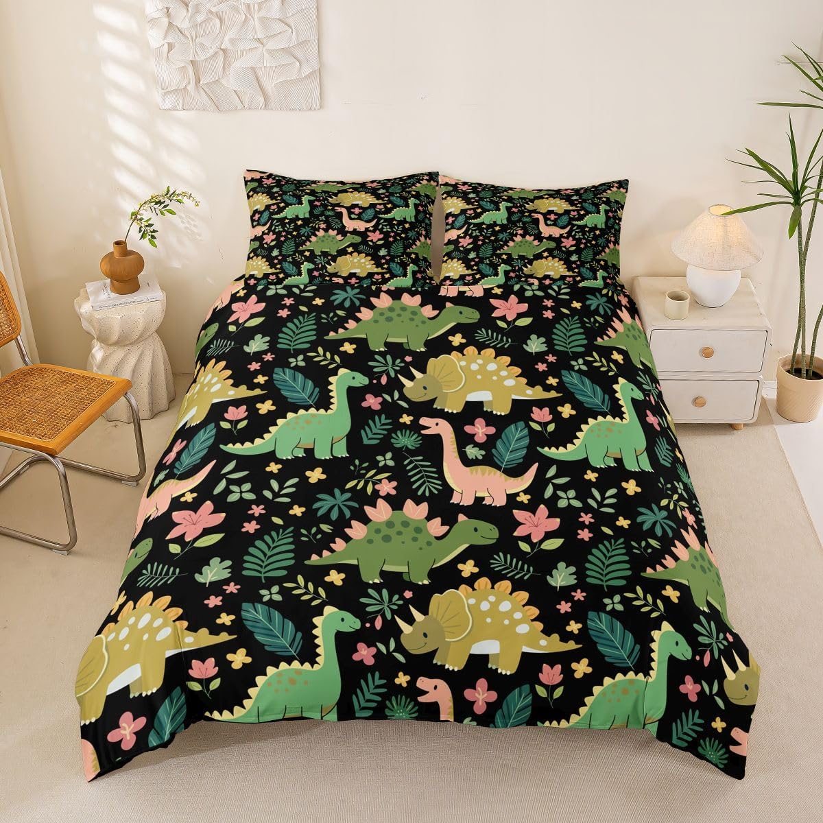 Erosebridal Kawaii Dinosaur Toddler Duvet Cover Kids Cartoon Dinosaur Comforter Cover Funny Dino Wildlife World Bedding Set Cute Tropical Plalm Trees Plants Quilt Cover