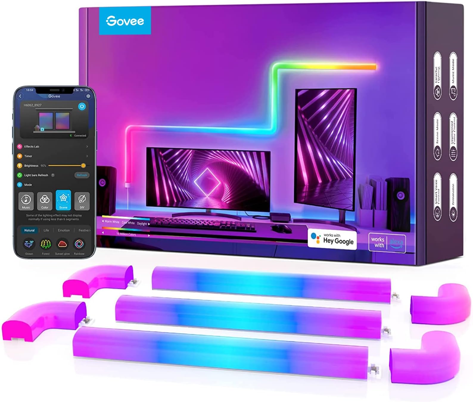 Govee Glide RGBIC LED Wall Lights, Music Sync Home Decor LED Light Bar for for Gaming TV Bedroom Streaming, Multicolor Customizable, Lights, 8 Pcs with 4 Corners