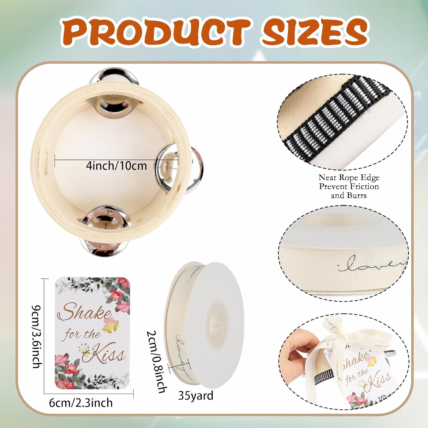 30 Pcs 4 Inch Adult Wedding Tambourines Drum Wooden Handheld Tambourine with Jingles Shake for a Kiss Gift Tags I Love You Printed Ribbon Musical Instruments Percussion for Church Wedding Party