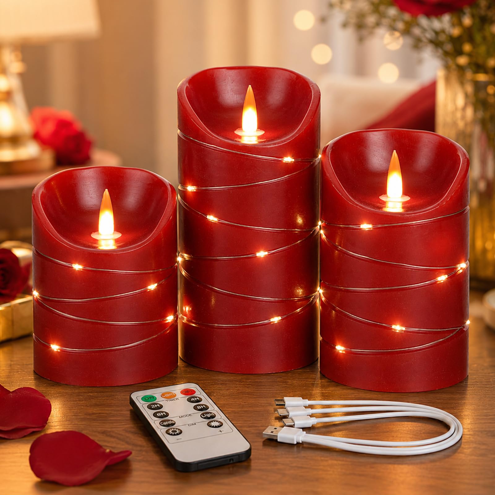Flameless Candles Light, Set of 3 Flickering LED Candle with Remote & Timer, Rechargeable Dimmable Real Wax Electric Pillar Candles, Ivory Candle for Home Wedding Party Holiday Decor (Red)