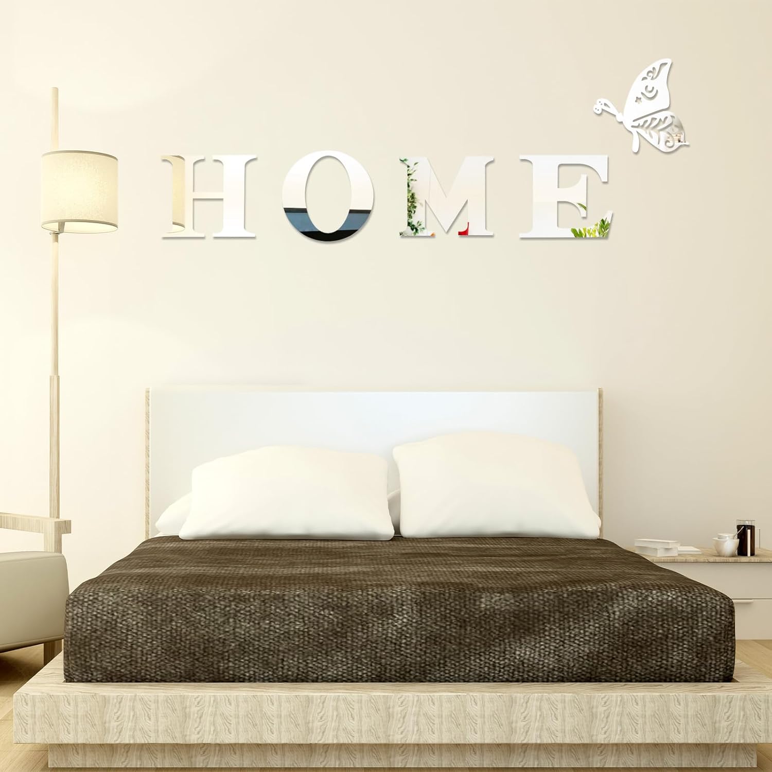 Home Letter Sign Wall Decor Living Room, Large Home Acrylic Mirror Wall Decor Stickers 3D Silver Wall-Stickers Decorations Family Walls Decals Mirror Decors with a Butterfly for Living Room Bedroom