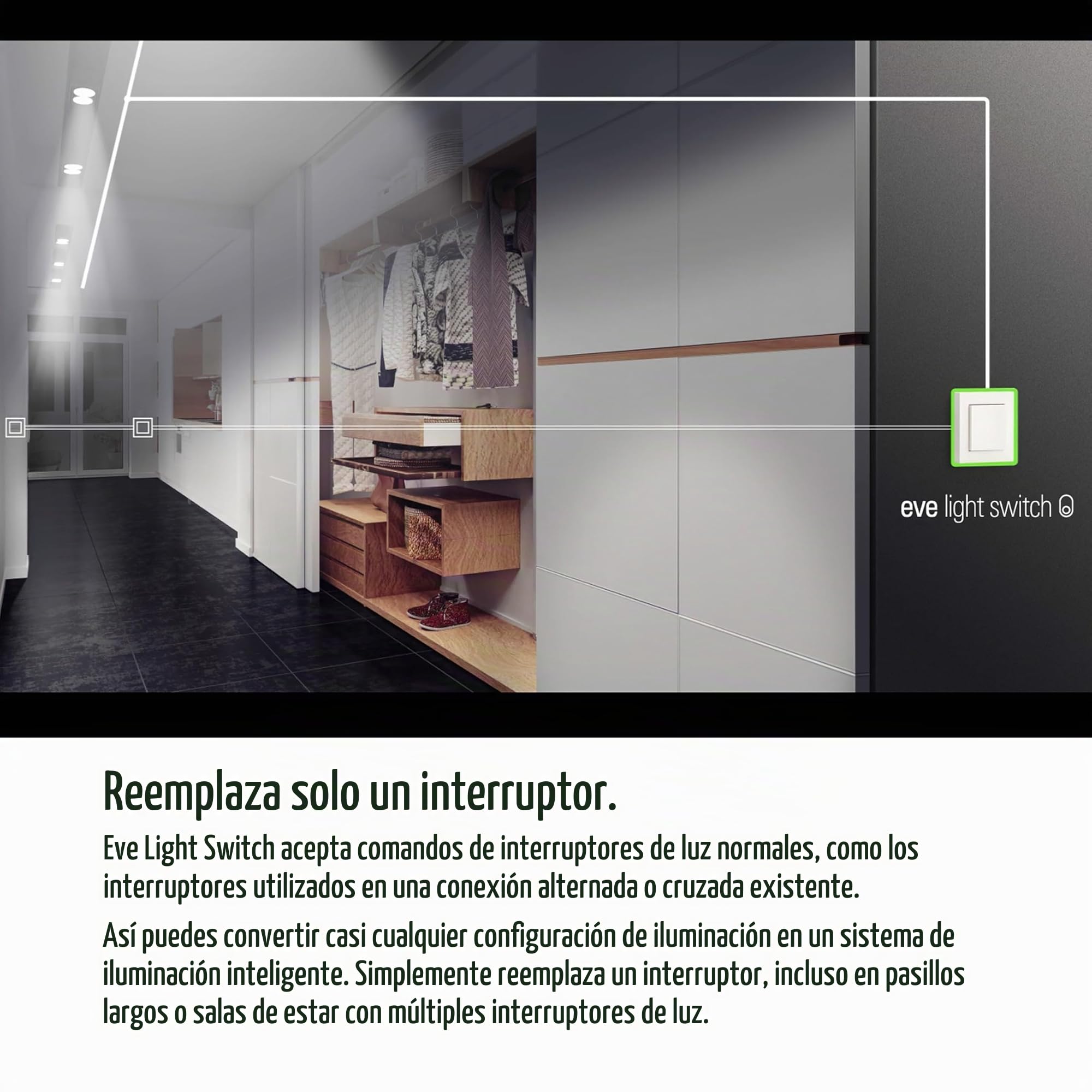 Eve Light Switch – Interruptor de pared inteligente (Apple HomeKit), interruptor individual, pulsador y conmutadores, horarios automáticos, no requiere pasarela, Bluetooth/Thread