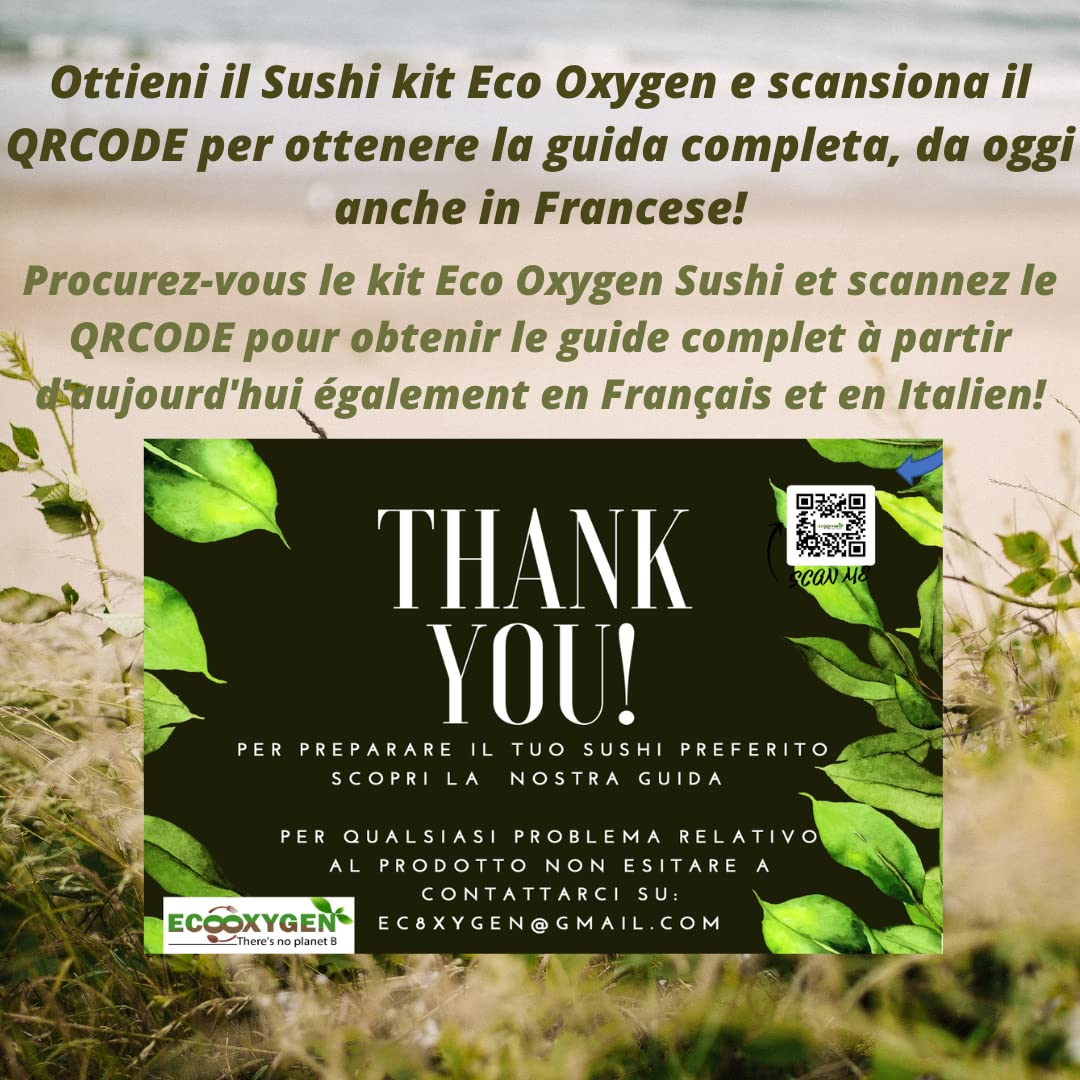 Eco Oxygen | Sushi Kit | Set de bricolage professionnel complet 23 pièces + GUIDE DE PRÉPARATION PDF | NOUVEAU 2022 | Natte de bambou | 8 moules x préparer le rouleau |