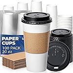 Fit Meal Prep 100 Pack 20 oz Disposable Coffee Cups with Lids, Sleeves, Leak-Proof To Go Coffee Cups with Lids, Durable Paper Cups for Hot Beverage, Home, Office, Party