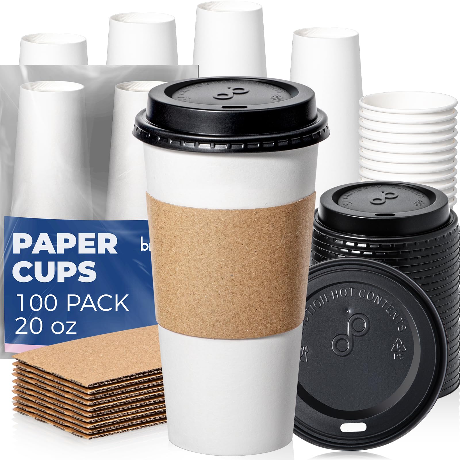 Amazon.com: Fit Meal Prep 100 Pack 20 oz Disposable Coffee Cups with Lids,  Sleeves, Leak-Proof To Go Coffee Cups with Lids, Durable Paper Cups for Hot  Beverage, Home, Office, Party : Health