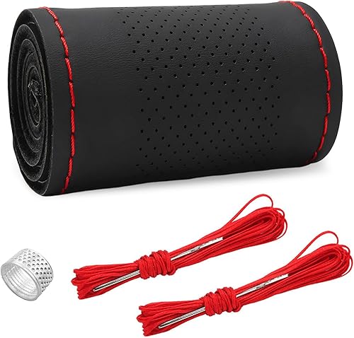 Vista 21 de Ziciner - Funda de cuero genuino para volante, transpirable, antideslizante, protector de volante para un diámetro máximo de 15 pulgadas, para coser