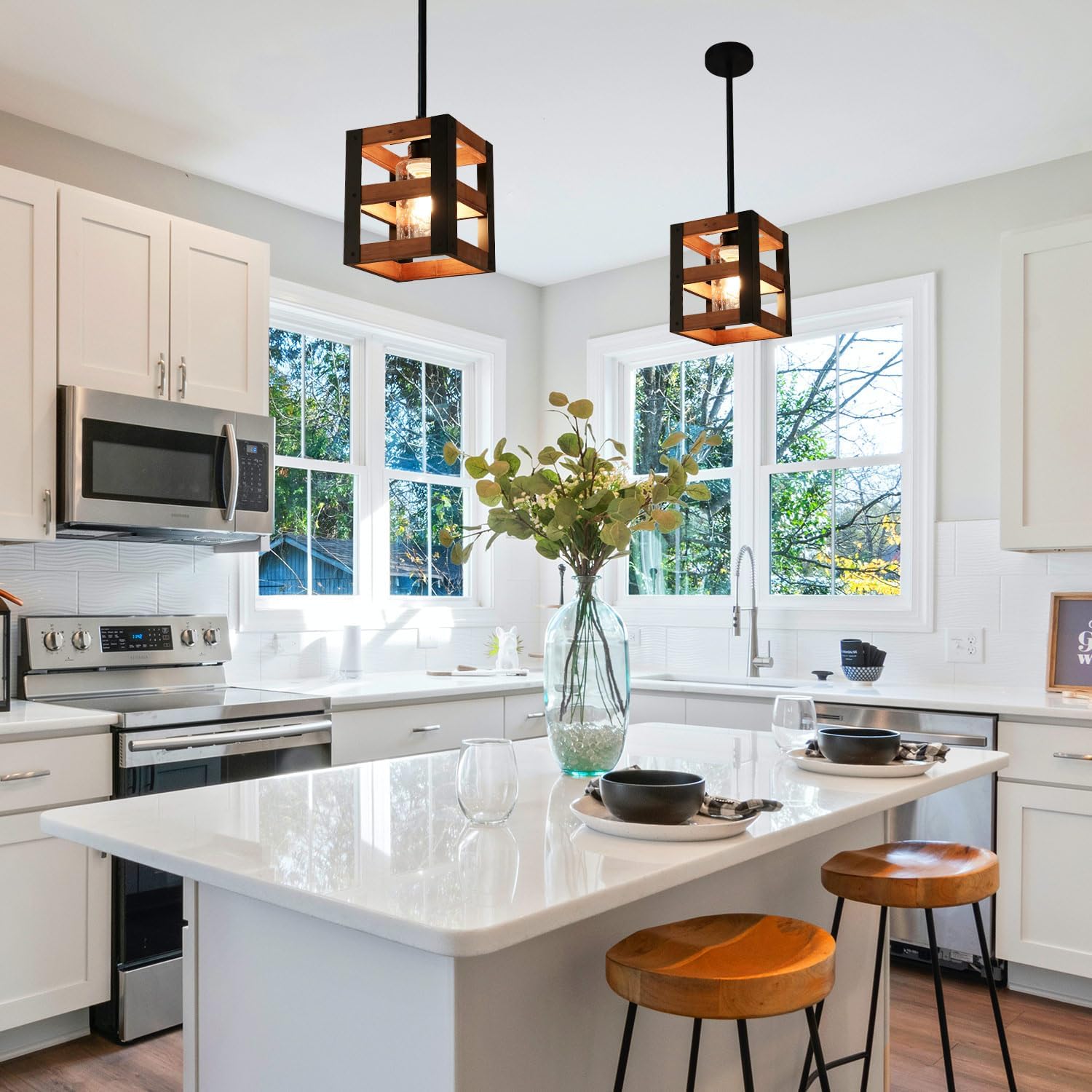 Farmhouse Pendant Lighting with Seeded Glass Lamp Shade, Adjustable Pipes Metal Hanging Light Fixture with Wooden Grain Finish, Net Cage Chandelier for Kitchen Island, Dining, Bedroom, Hallway