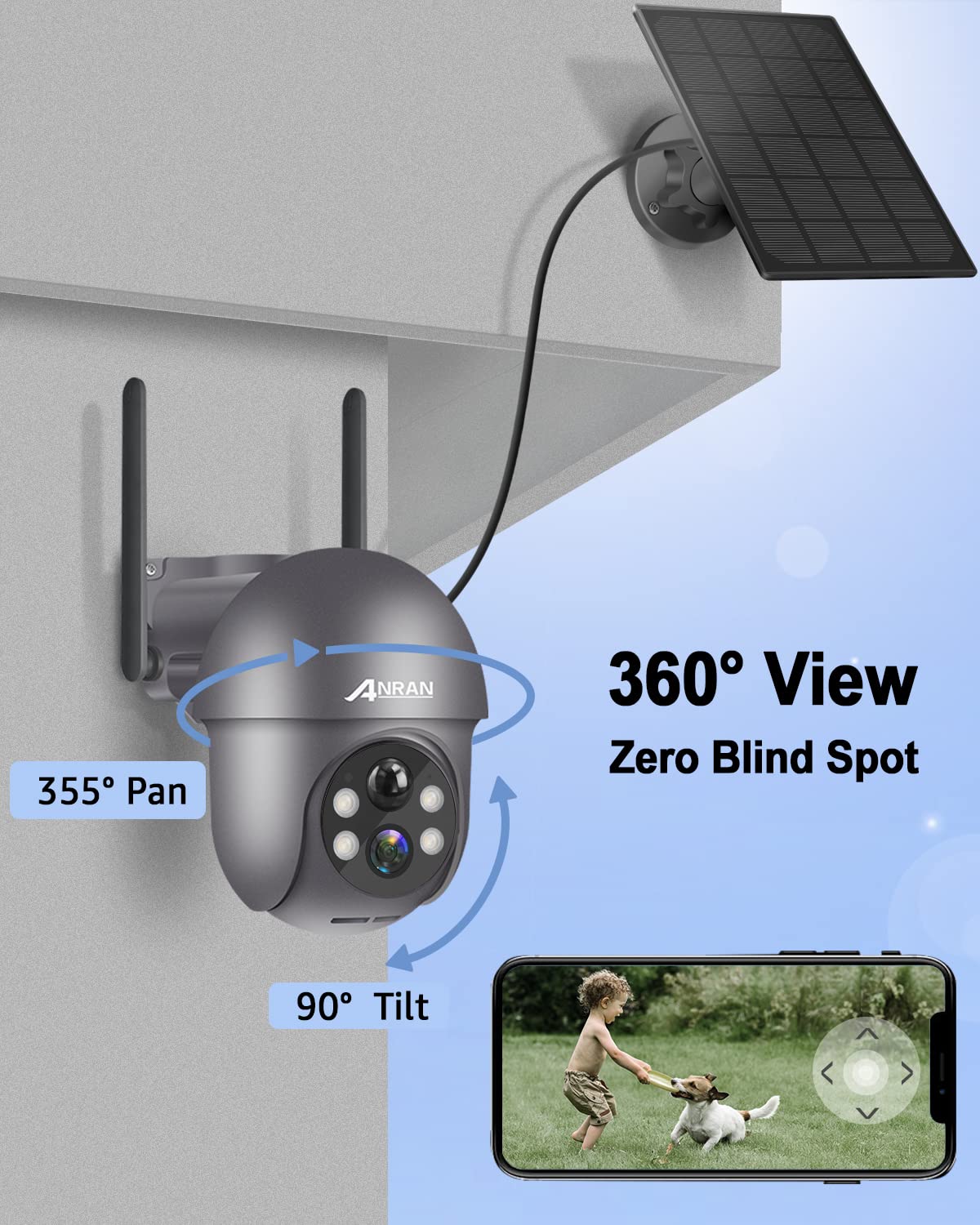 ANRAN 2K Telecamera WiFi Esterno Senza Fili con Pannello Solare, 360° PTZ Videocamera Sorveglianza con Batteria, Rilevamento PIR, Allarme, Visione Notturna a Colori, Audio a 2 Vie, Q1 Grigio 2Pz