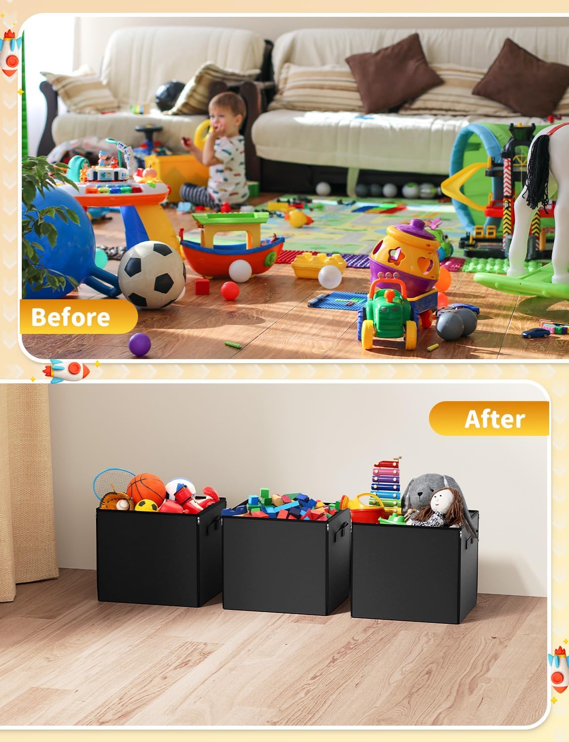 YOHOOLYO 2 In 1 Toy Storage Play Mat, Storage Box for Kids Children Space Adventures Design,Nursery, Playroom, Basket for Building Bricks Blocks Collapsible Cube Bin, 15"×13"×13"