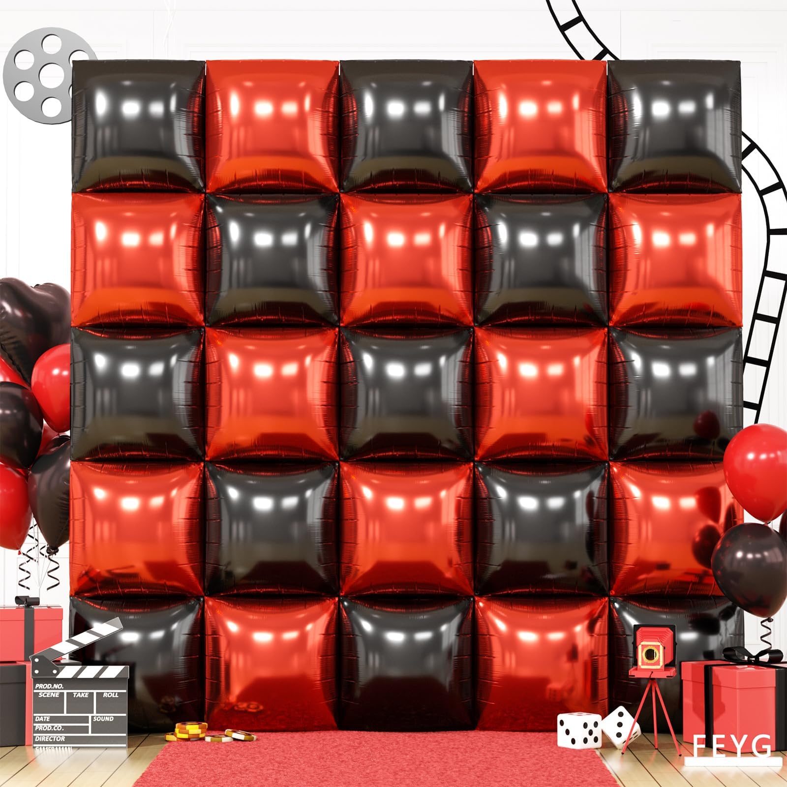 Metallic Red Black and Gold Double Sided Square Foil Balloons Wall,19 Inches Chrome Foil Balloons Tunnel Arch Kit for Bachelorette,Anniversary,Wedding