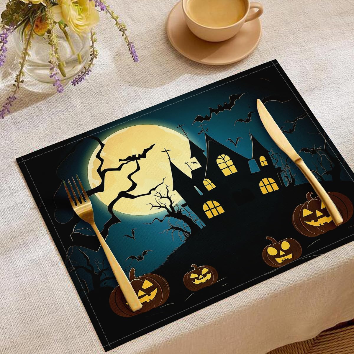 Sets de table citrouilles lavables grand format pour décoration cuisine et fête d'automne
