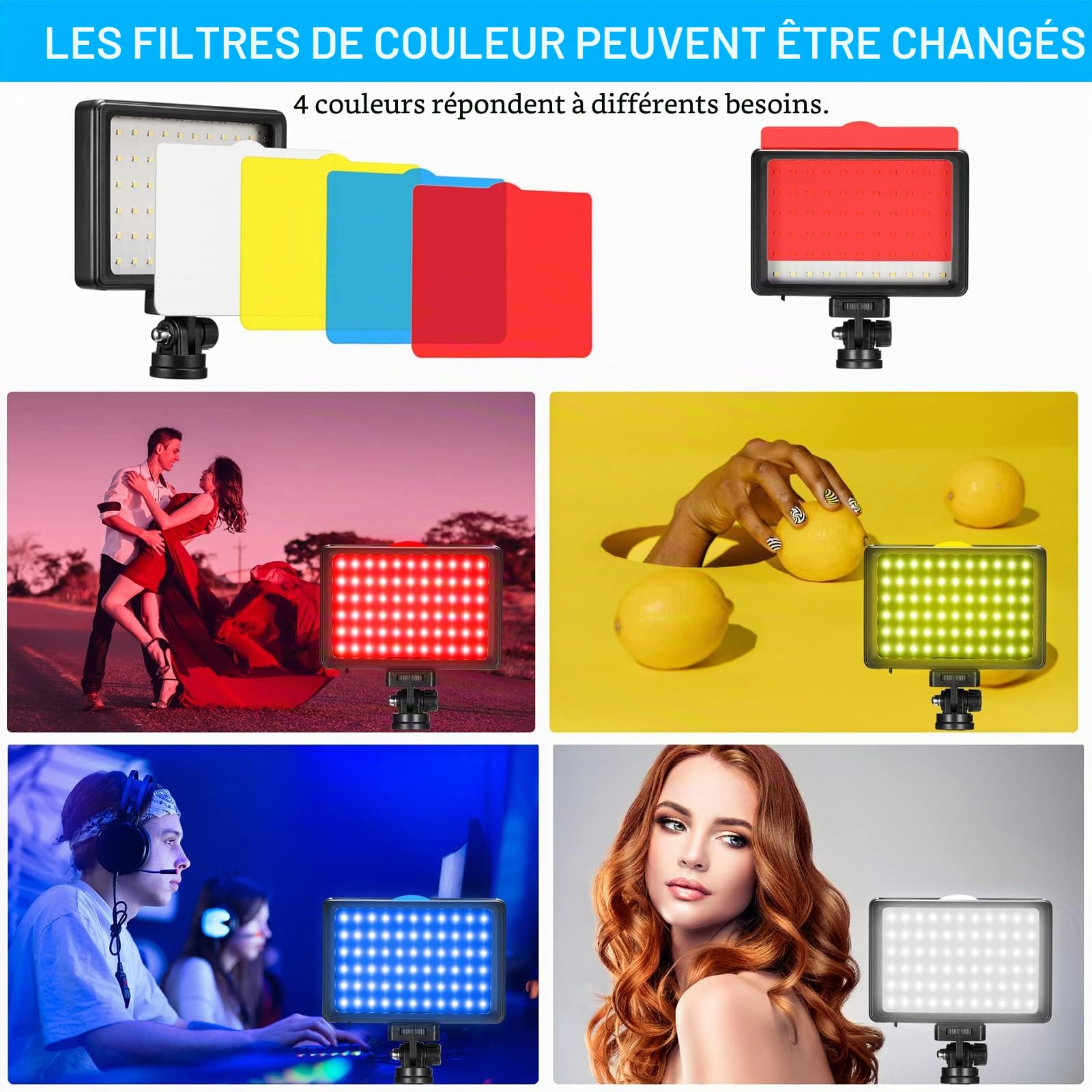 Lampes Vidéo LED 2-Pack, Panneau LED Video USB à Variable 5600K avec Mini Trépied et Filtres Colorés pour Studios Photo, Prise de Vue sous Angle Bas, Enregistrement Vidéo, Streaming de Jeux
