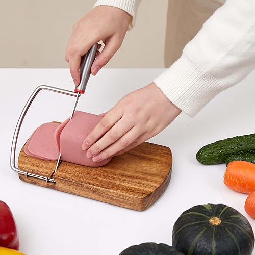 Miniatura 7 de ISZW Kit de rebanador de queso tabla de madera con cortador de acero inoxidable de mano y alambre de corte de queso, cepillo de limpieza incluido -