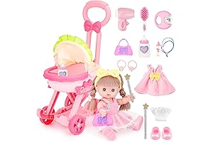deAO Baby Doll Stroller Set with 12-Inch Baby Doll, Role Play 16-Pc Accessories