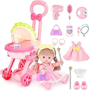 deAO Baby Doll Stroller with 12 inch Doll,12" Baby Doll Role Play Set with Foldable Doll Stroller,16 PCS Baby Doll Accessories,Doll Nursery Play Set for 3 4 5 6 Girls Kids