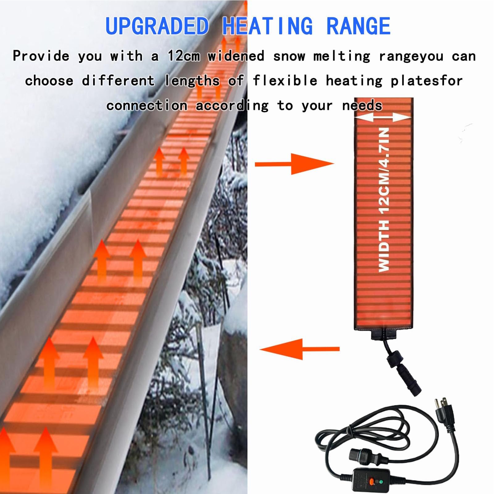 Alfombrilla Calefactora de PVC para Derretir Nieve en Canalones de Tejados,Sistema de Deshielo de 12cm de Ancho,Almohadilla Calefactora Eléctrica para Exteriores,360cm/11.8ft 120W