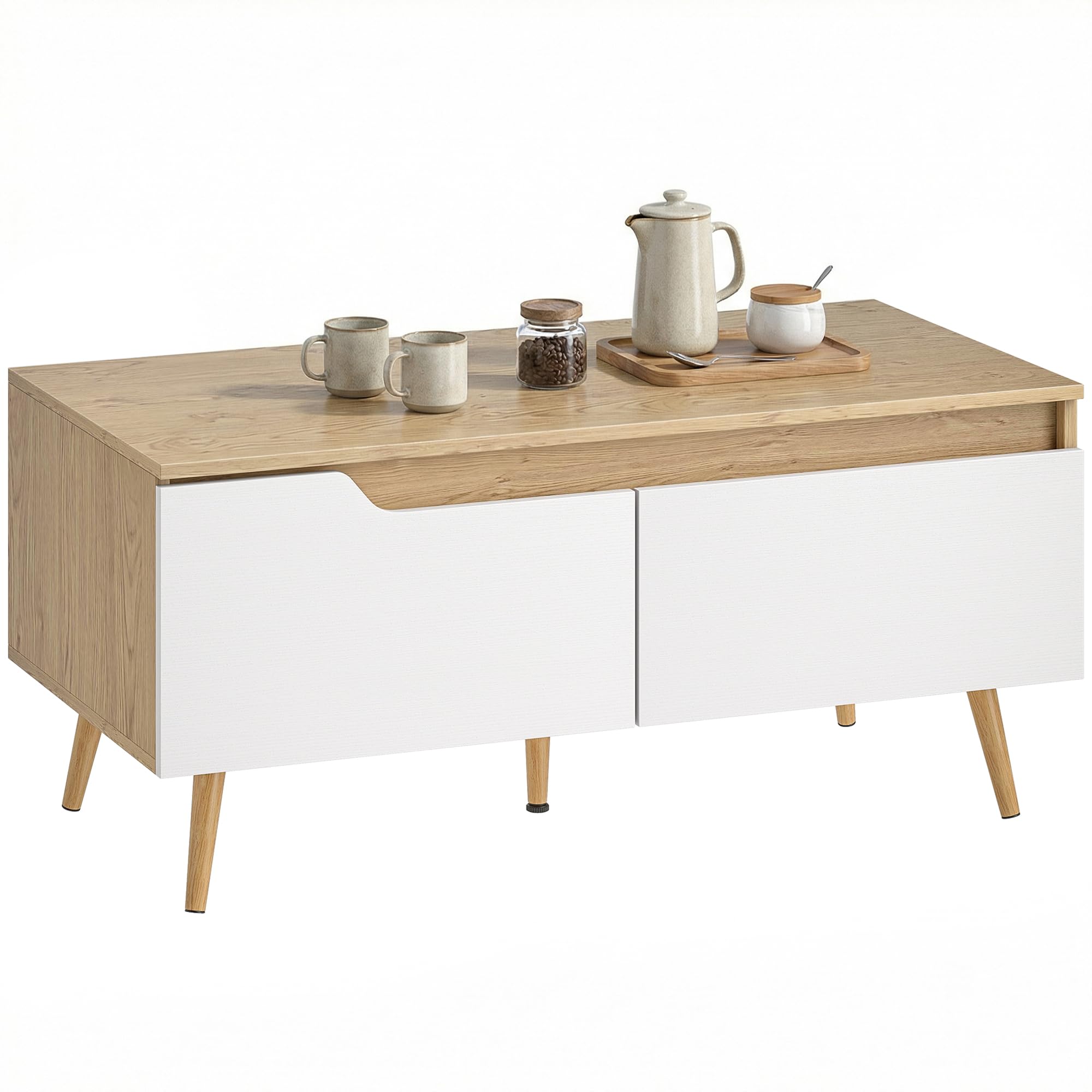 HOMCOM Mesa de Centro, Mesita Moderna con 2 Cajones 100x50x46cm Roble | Mesa Baja, Patas de Madera de Pino, para Sala de Estar, Dormitorio