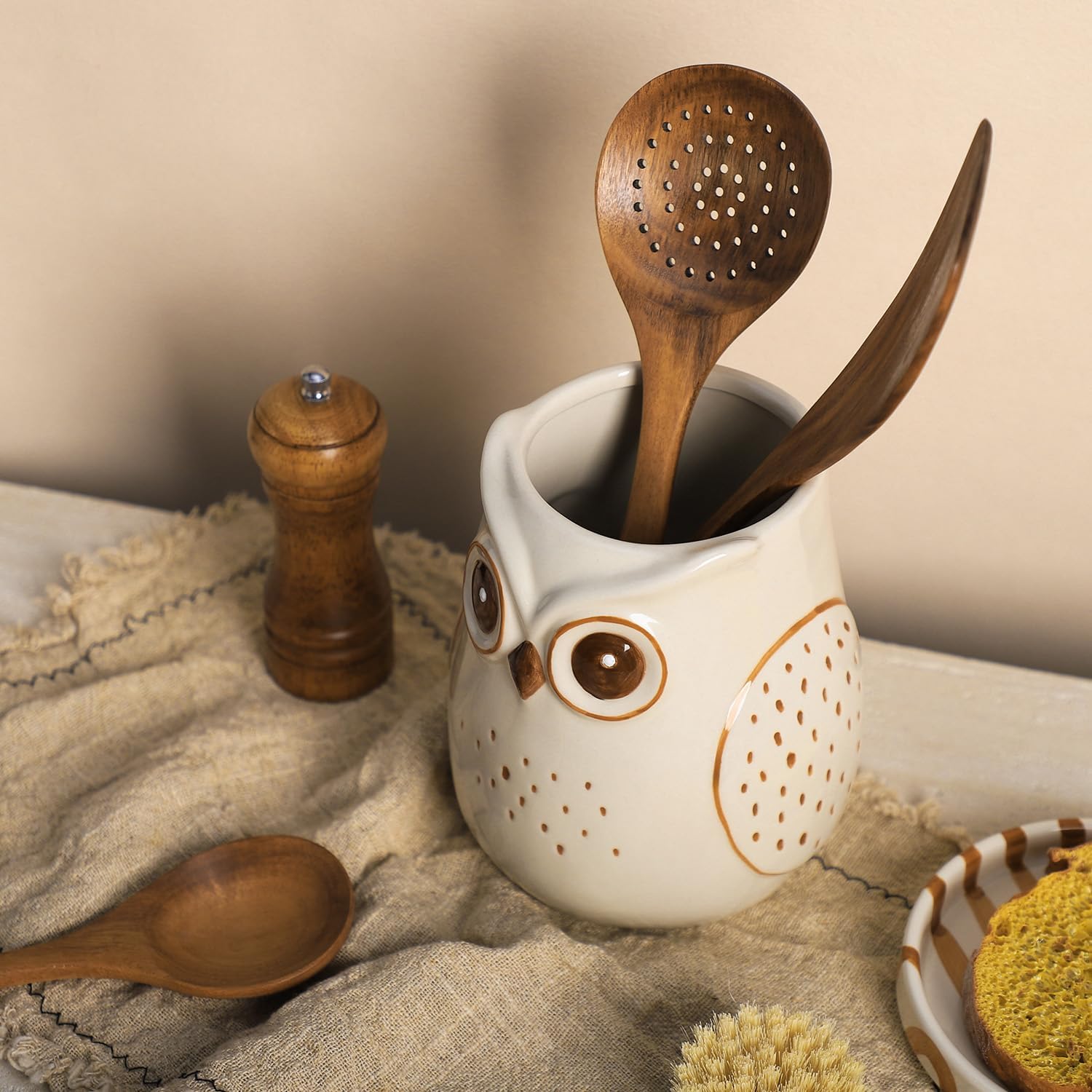 SOCOSY Owl Ceramic Kitchen Utensil Holder For Countertop, Cooking Utensil Crock Holder Spatula Holder