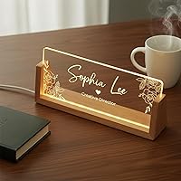 Vista 5 de Noni Placa de identificación LED personalizada para escritorio, placa de identificación de escritorio de acrílico iluminada con base de madera