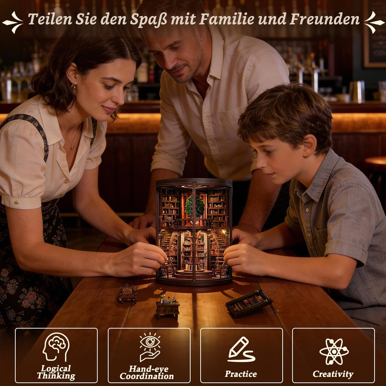 Book Nook Kit Profi DIY Holz Bücherregal Einsatz mit LED Licht – 3D Miniatur Bibliothek mit Doppel-Spiral-Treppe, Anspruchsvolles Holzpuzzle für Erwachsene, Sammler Booknook (Jahresringe der Weisheit)