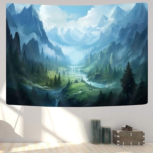 Miniatura 5 de Tapiz de bosque natural, tapiz estético escénico de montaña de bosque verde para dormitorio, paisaje de bosque de hadas, tapiz para colgar en la