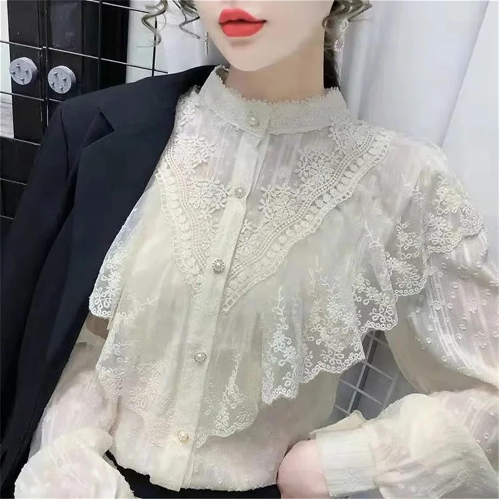 Blouse Mousseline Haut en Mousseline de Soie et Dentelle for Femme, Manches Longues, Chemise rétro française, à la Mode, Design, Bord Feuille Lotus