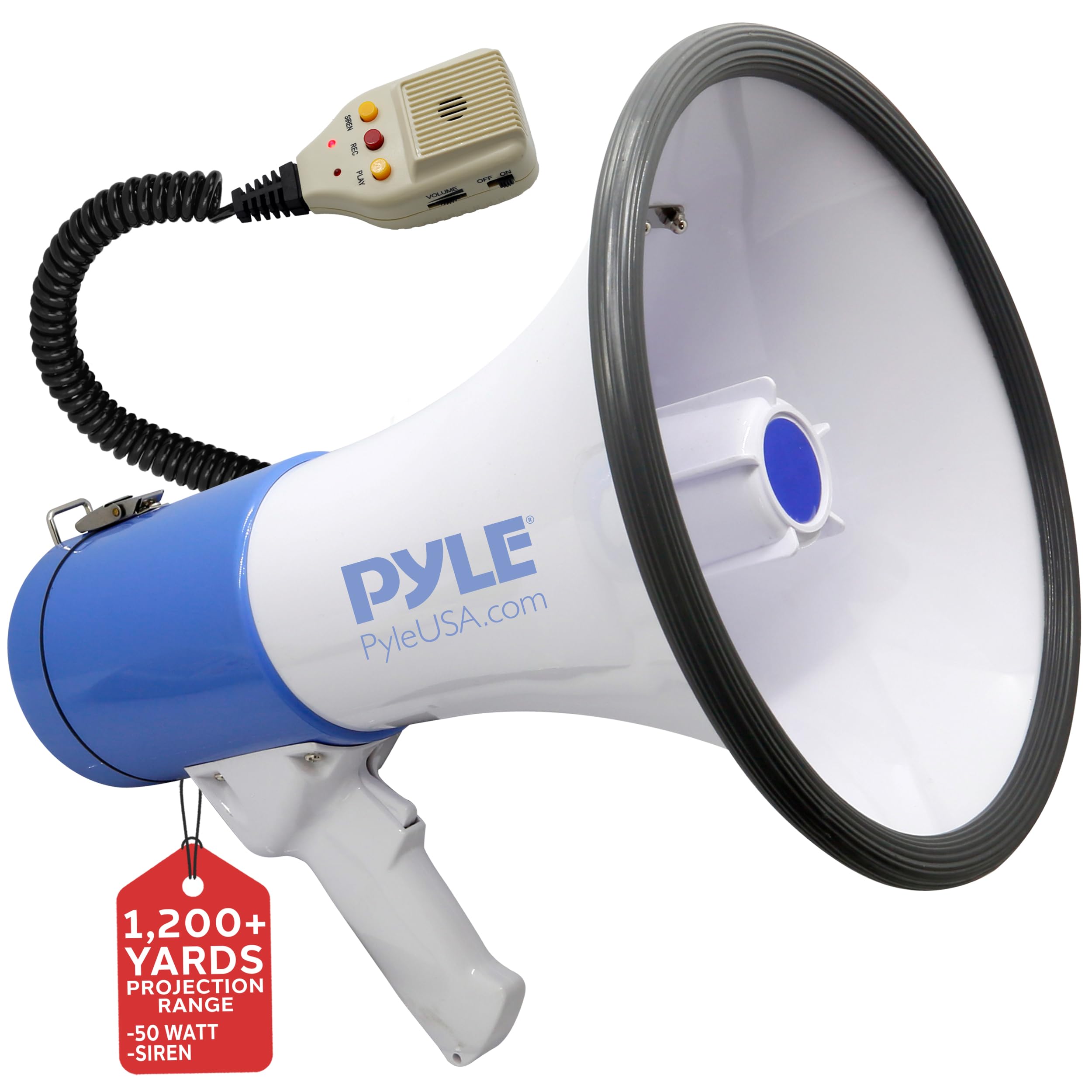 Pyle 50W Megaphone Bullhorn Speaker with Built-in Siren, Rechargeable Battery, 10-Second Record Function, Loud & Clear Sound for Sports Fans, Coaches, Cheerleading, or Safety Drills (PMP59IR)
