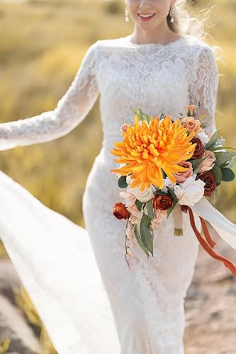 Miniatura 2 de Briful Flores artificiales de crisantemo de cabezas grandes de 6 pulgadas, 6 tallos de 26 pulgadas, ramo de flores falsas de seda naranja para