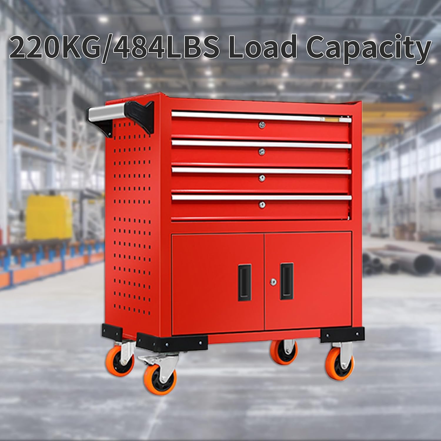 Rolling Tool Cart with 4 Drawer Tool Box,440 LBS Capacity Tool Chest with Wheels,Tool Storage Organizer Cabinets for Garage, Warehouse, Repair Shop