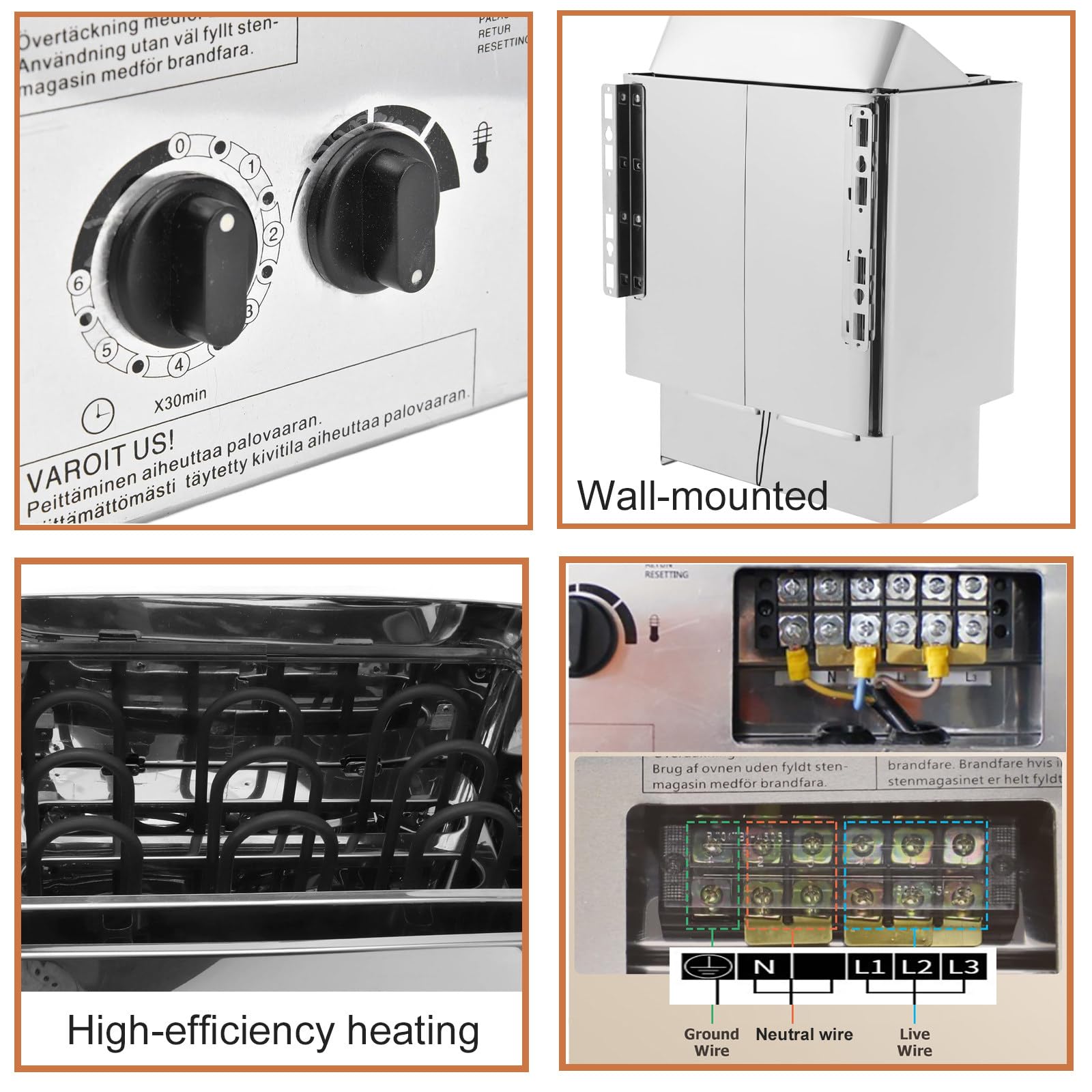 Stufa Elettrica per Sauna da 9 kW con Comandi Integrati, Timer: 0-180 min, Temperatura: 0-110℃, per Ambienti da 9 a 13 m³