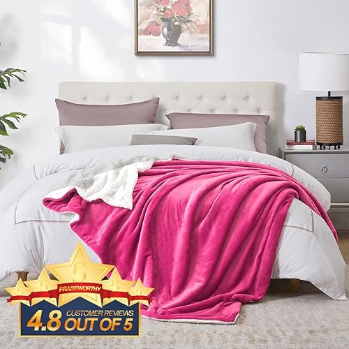 Miniatura 4 de Walensee Manta de vellón Sherpa (Tamaño de manta de 50 x 60 pulgadas, rosa intenso) Manta de franela de microfibra reversible súper suave para sofá