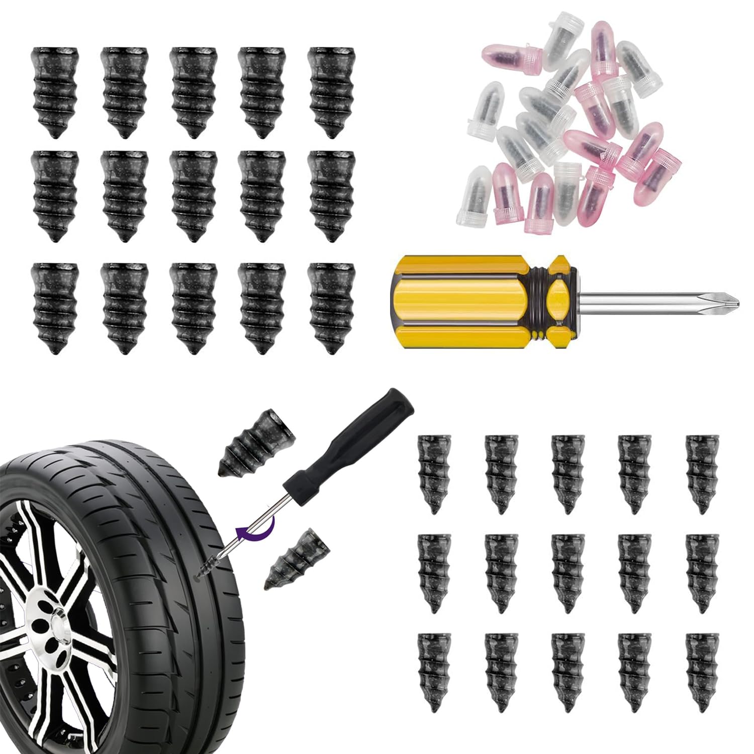Tire Repair Rubber Nail Kit with 2 Sizes 2026 New Vacuum Screw in Plugs for Tubeless Tires Fast