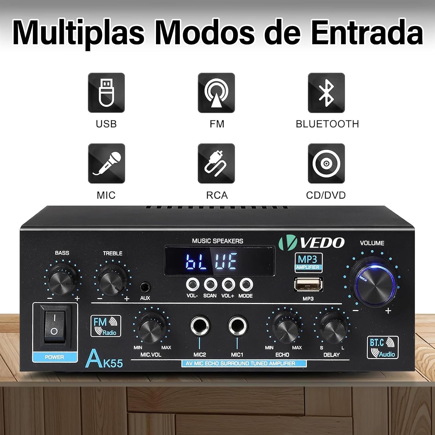 AK55 Amplificador áudio, 2.0 CH Receptor áudio estéreo, Bluetooth 5.0 Amplificador de Som Portátil, 70WX2 HiFi com BT/USB/RCA/AUX/2 MIC/OPT/COA, para Carro, Casa AK55 Amplificador áudio, 2.0 CH Receptor áudio estéreo, Bluetooth 5.0 Amplificador de Som Portátil, 70WX2 HiFi com BT/USB/RCA/AUX/2 MIC/OPT/COA, para Carro, Casa