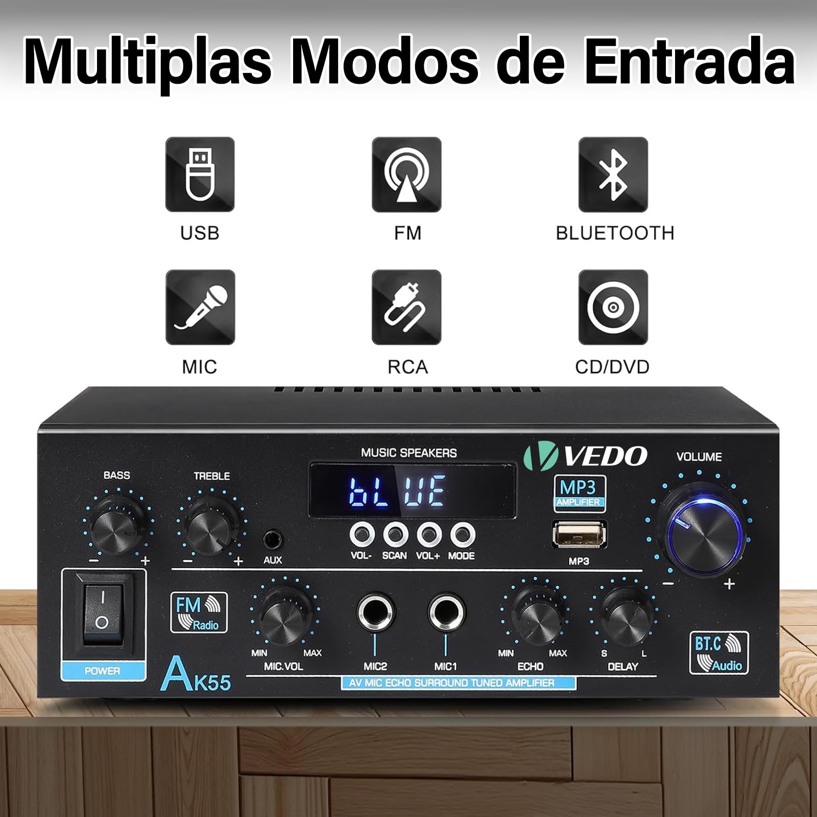 VEDO Amplificador de Áudio Bluetooth 5.0 AK-55 HiFi 600W Dual