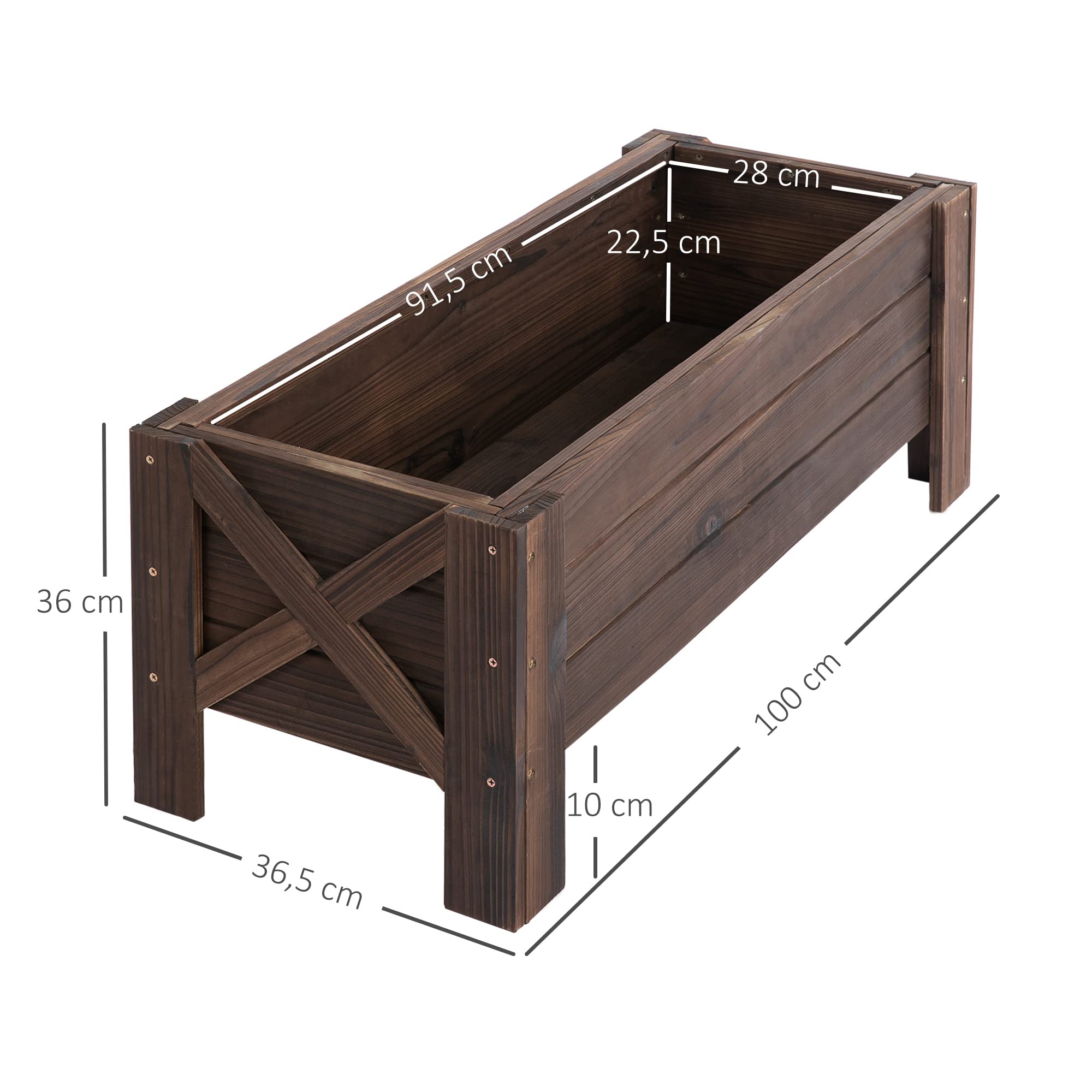 Outsunny Jardinière sur Pieds 100L x 36l x 36H cm Bois Massif Sapin traité | Bac à Fleurs, Inserts d'irrigation Inclus