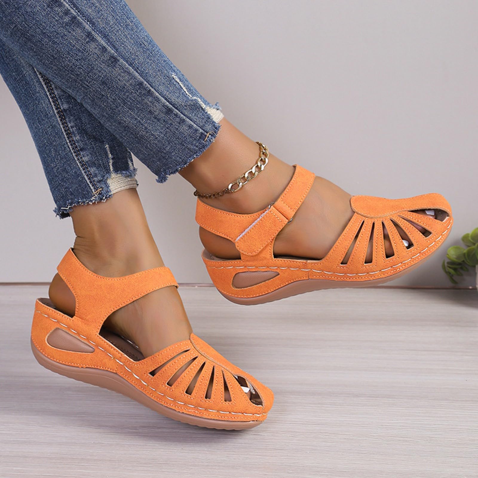 Sandalias de mujer cerradas de punta con cuña - Sandalias de mujer de verano ortopédicas desgarro zapatos cerrados delante con patrón perforado sandalia con cierre en el tobillo casual sandalia