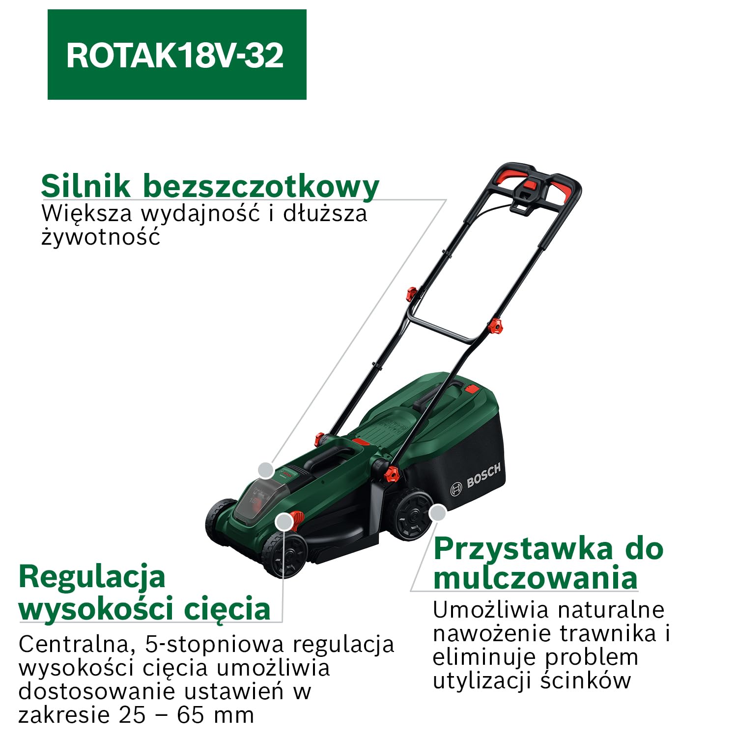 Bosch Kosiarka akumulatorowa ROTAK18V-32 (szerokość cięcia: 32 cm, wysokość cięcia: 25 – 65 mm, materiałowy worek na trawę 35 l, przystawka do mulczowania, akumulator i ładowarka)