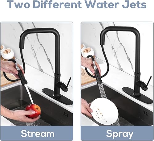 Miniatura 4 de Grifos de cocina negros mate negro mate con rociador extraíble, modernos grifos de fregadero de cocina de latón de una sola manija con placa de