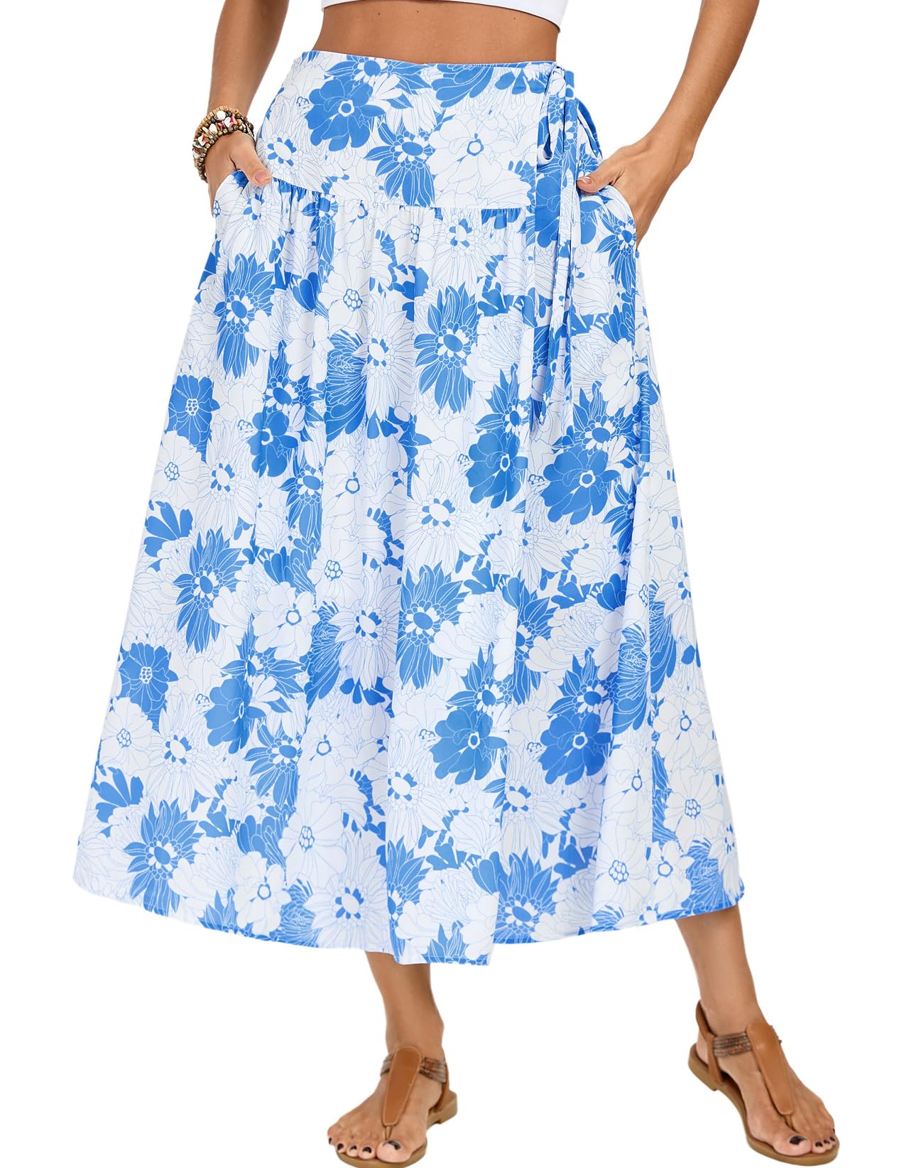 Kate Kasin Womens Summer Boho Maxi Skirt Floral Elastic High Waisted A Line Tie Flowy Long Skirts with Pockets 2025